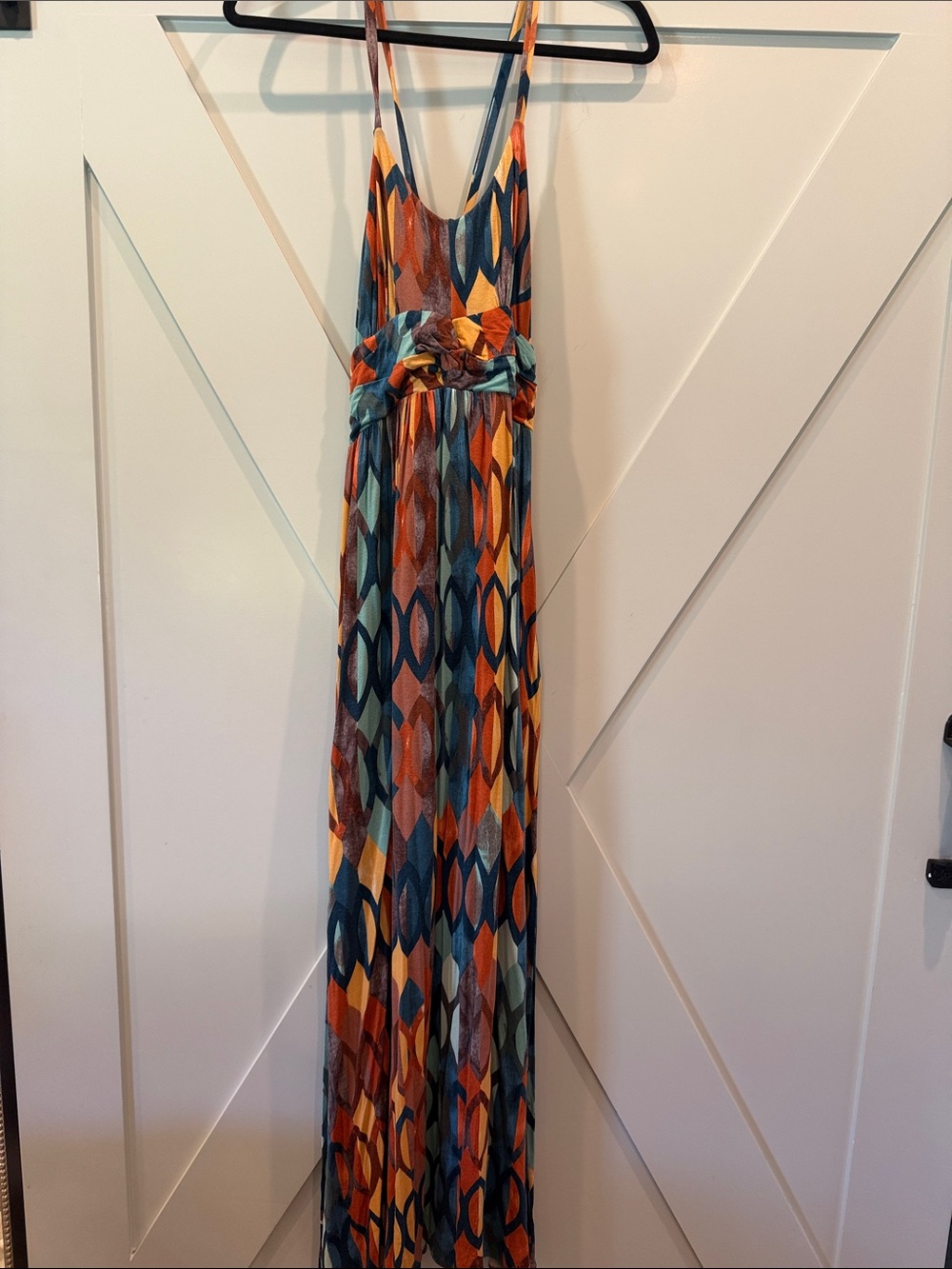 Anthropology Sleeveless Geometric Print Maxi Dress in Teal and Orange
